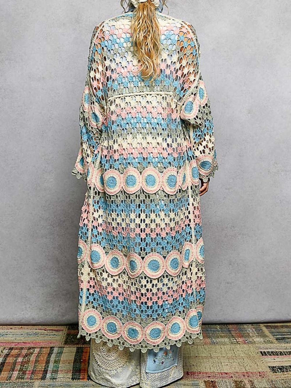 NWT POL Bohemian Pink Green Blue Crochet Long Duster Cardigan One Size